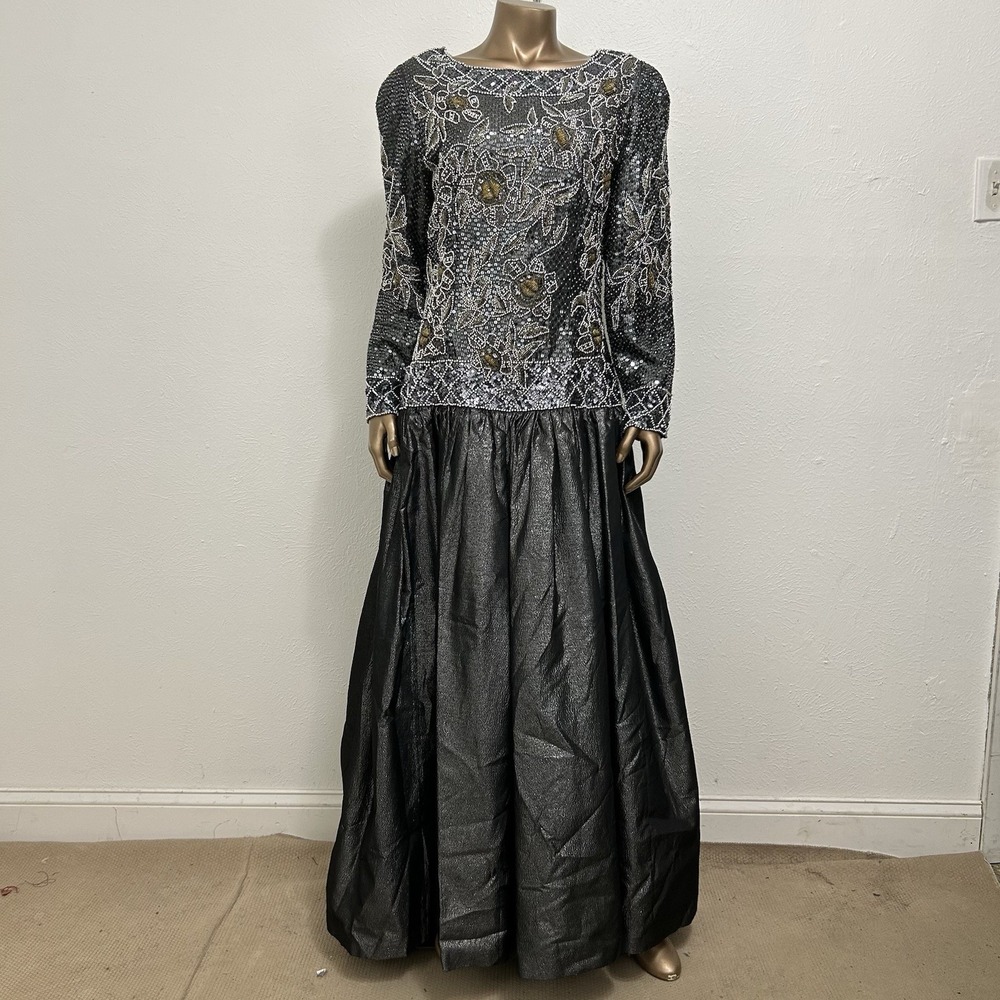 VTG Oleg Cassini Gray Silver Sequin Beaded Formal Dress Mother Of The Bride 14